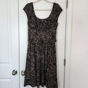 Coldwater Creek Dress Fit & Flare Cap Sleeve Black Tan Print Size 16